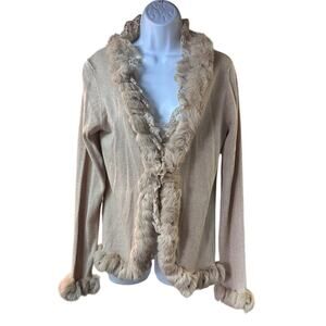 Bloomingdale’s Silk Cashmere Fur Trim Cardigan Beige Taupe Soft Luxury Sweater L